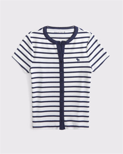 Short-Sleeve Rib Icon Button-Through Top