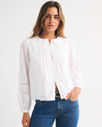 100% Cotton Long-Sleeve Lace-Trim Collared  Blouse