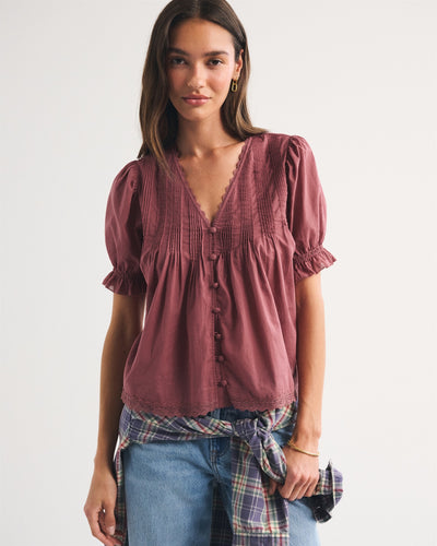 100% Cotton Lace-Trim Button-Up Blouse
