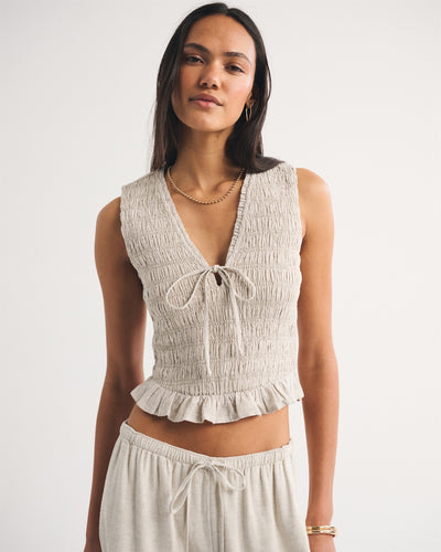 Linen-Blend Smocked Tie-Front Top