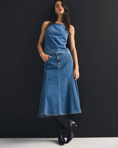 Linen-Blend Denim Midi Skirt