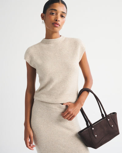 Merino Wool-Blend Short-Sleeve Mock Neck Sweater