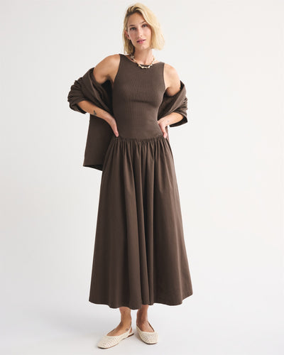 Mixed Fabric High Neck Maxi Dress