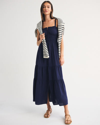 Bra-Free Button-Through Smocked Maxi Dress
